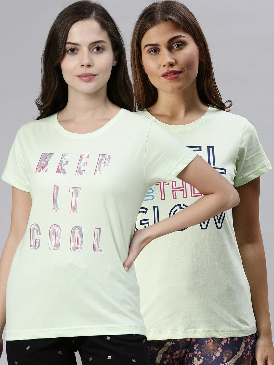 

Kryptic Women Pack Of 2 Green Typography Printed Pure Cotton Lounge T-Shirts