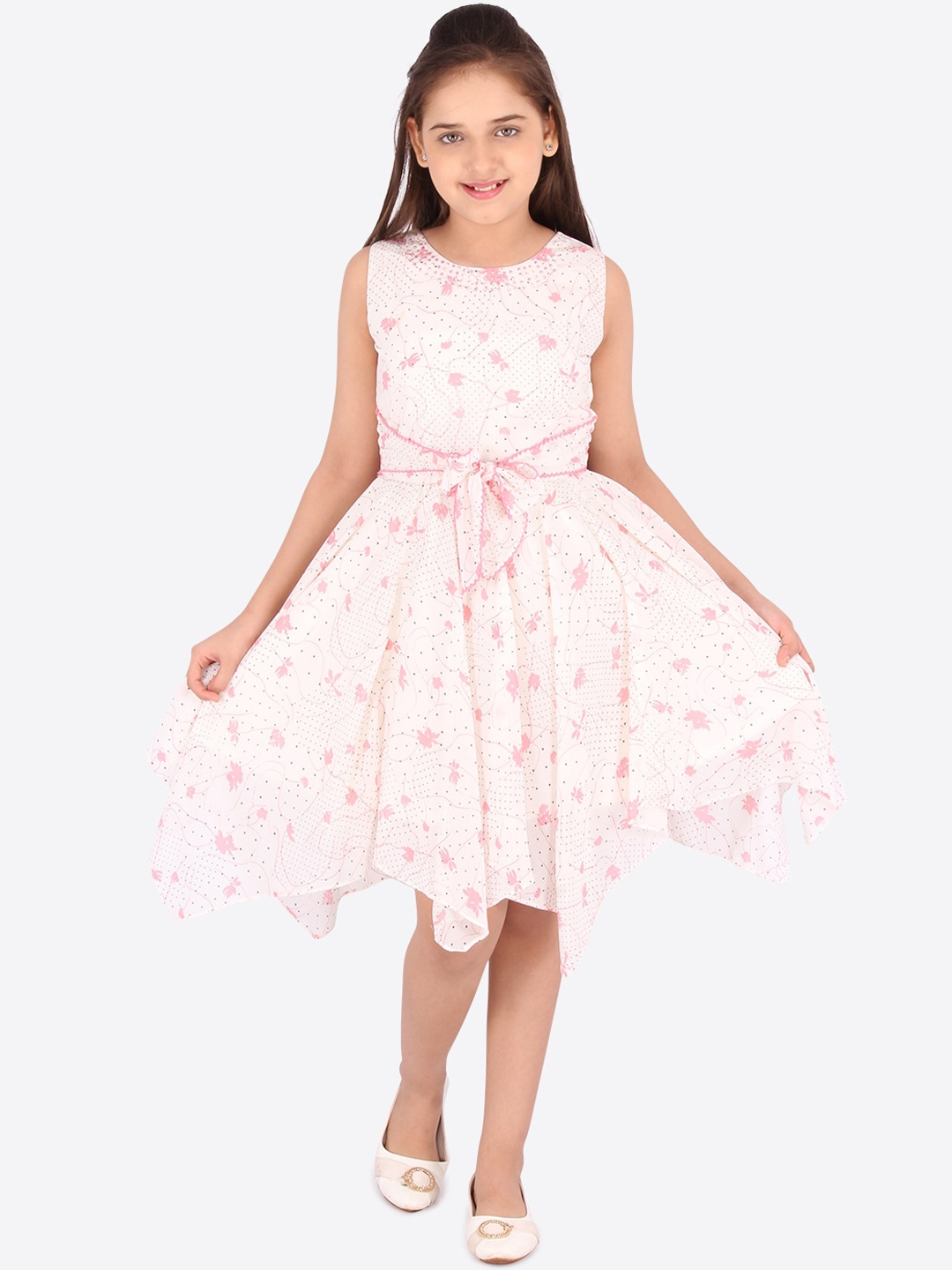 

CUTECUMBER Kids Cream-Coloured & Pink Floral Handkerchief Georgette Dress