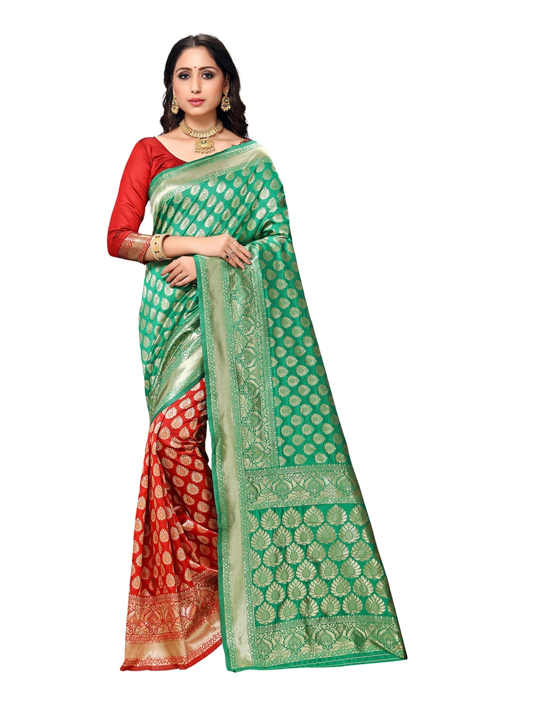 KALINI Green & Red Ethnic Motifs Zari Silk Blend Half and Half Banarasi Saree