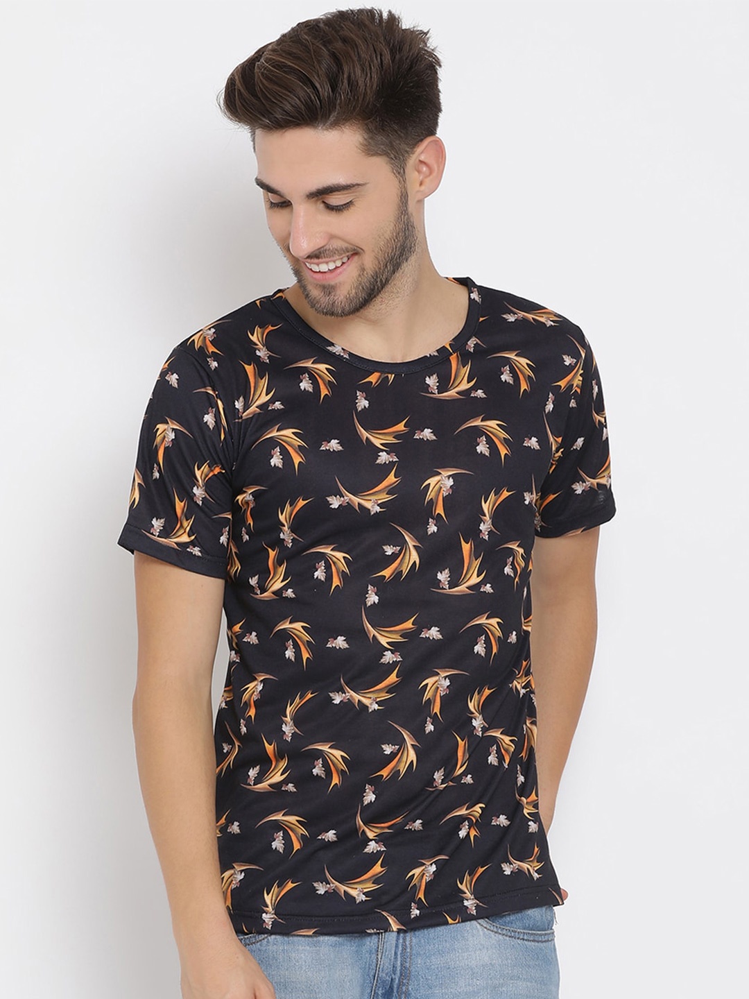 

Hangup Men Black Tropical Printed Slim Fit Cotton Pure Cotton T-shirt