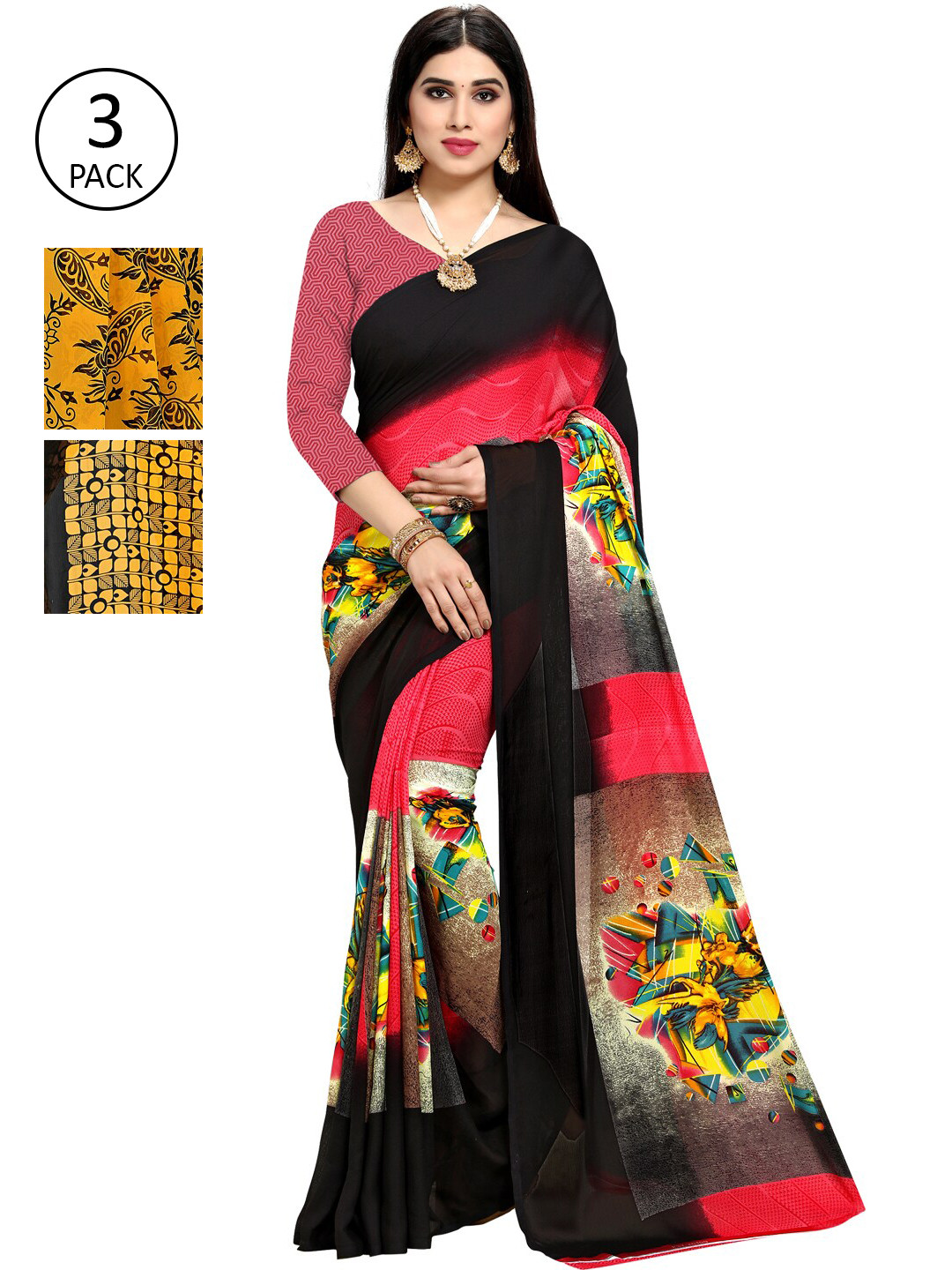 

KALINI Pack Of 3 Printed Saree, Yellow