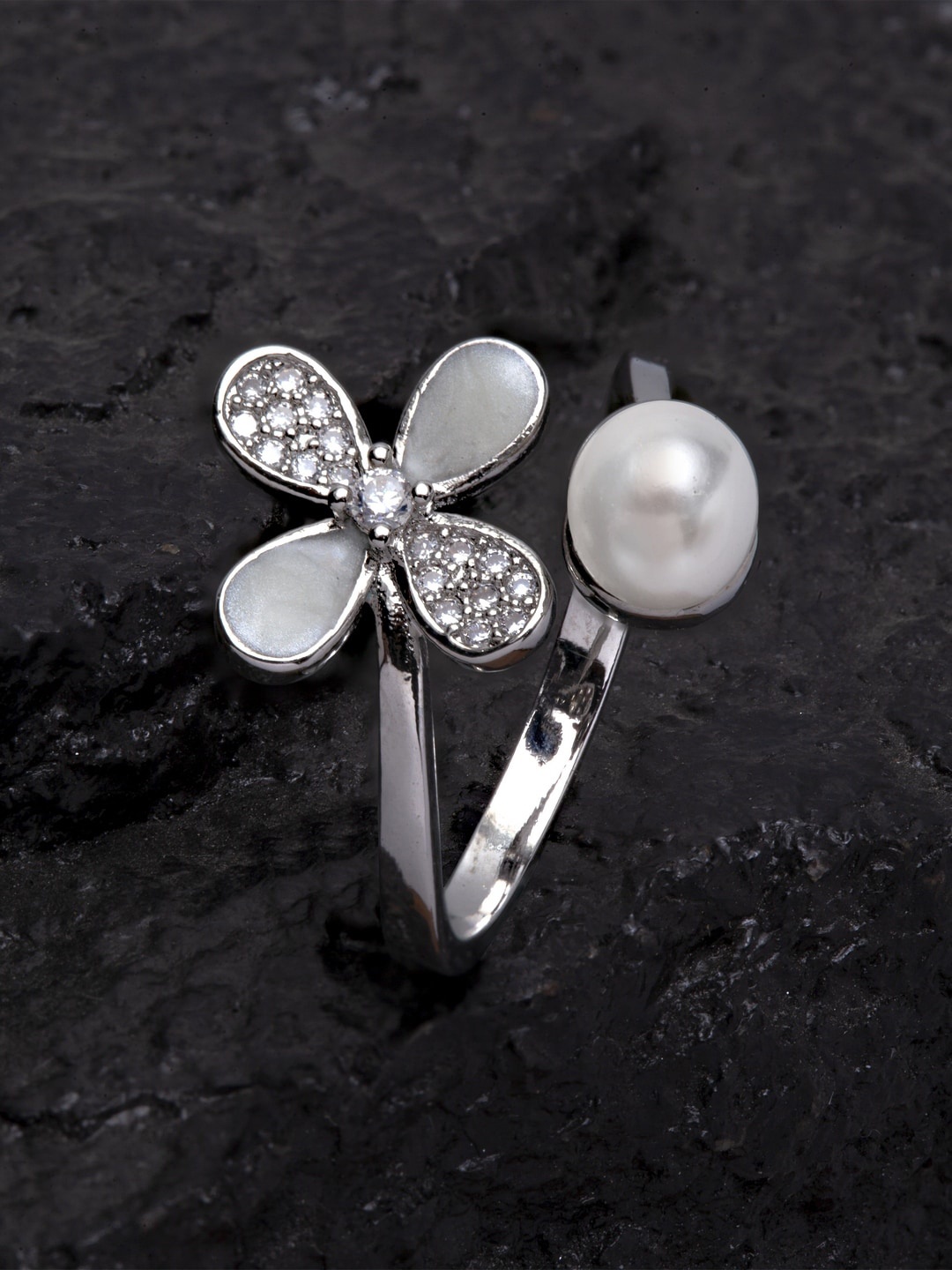 

Ferosh Silver-Toned & White Stone-Studded Adjustable Finger Ring