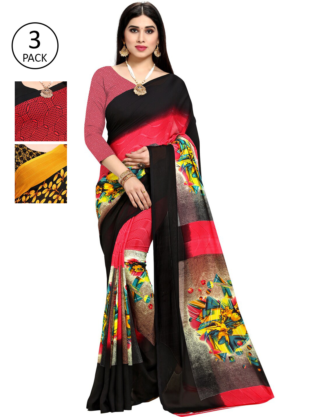 

KALINI Pack Of 3 Printed Sarees, Yellow