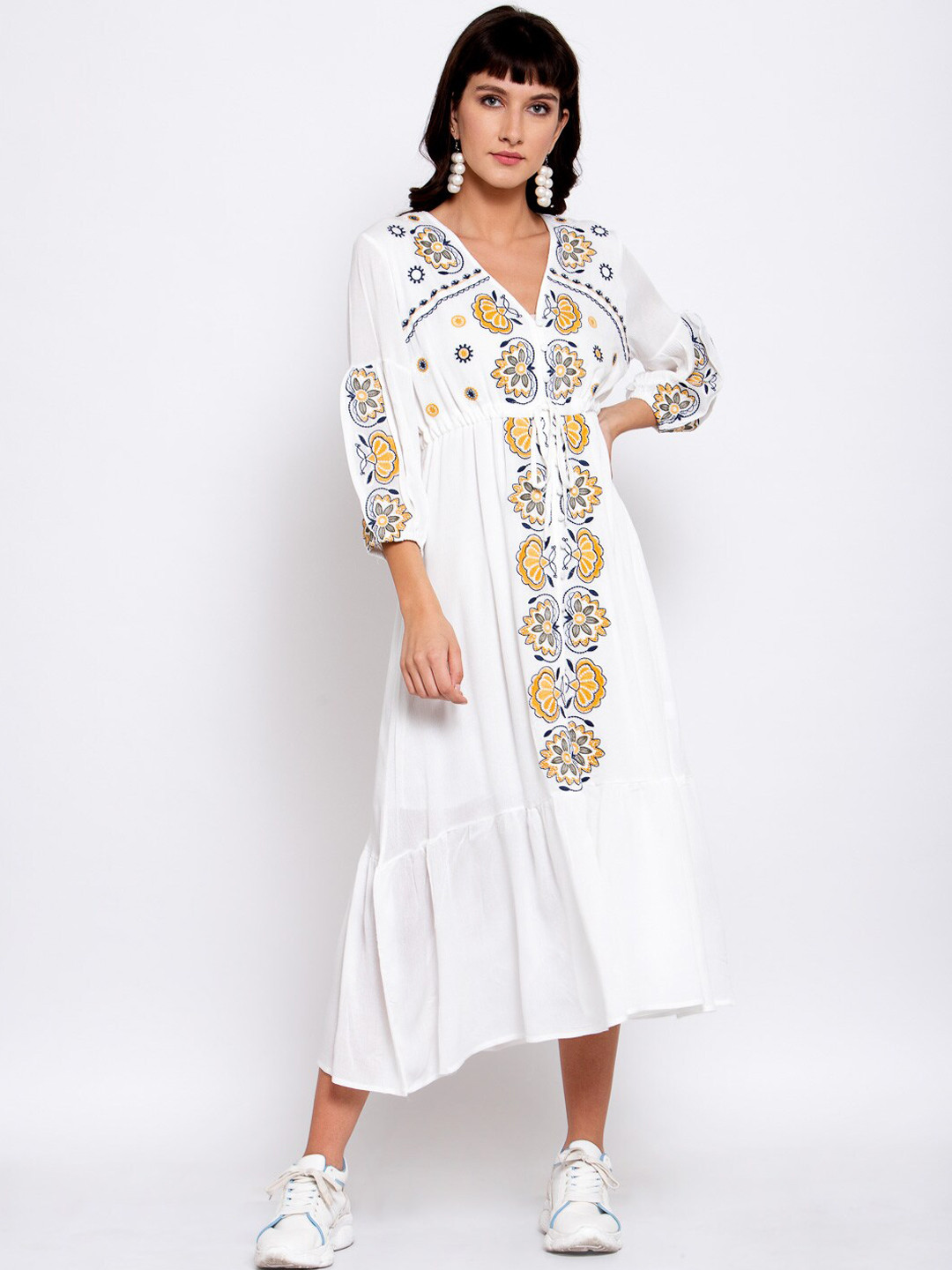 

iki chic White & Yellow Ethnic Motifs Embroidered A-Line Midi Dress
