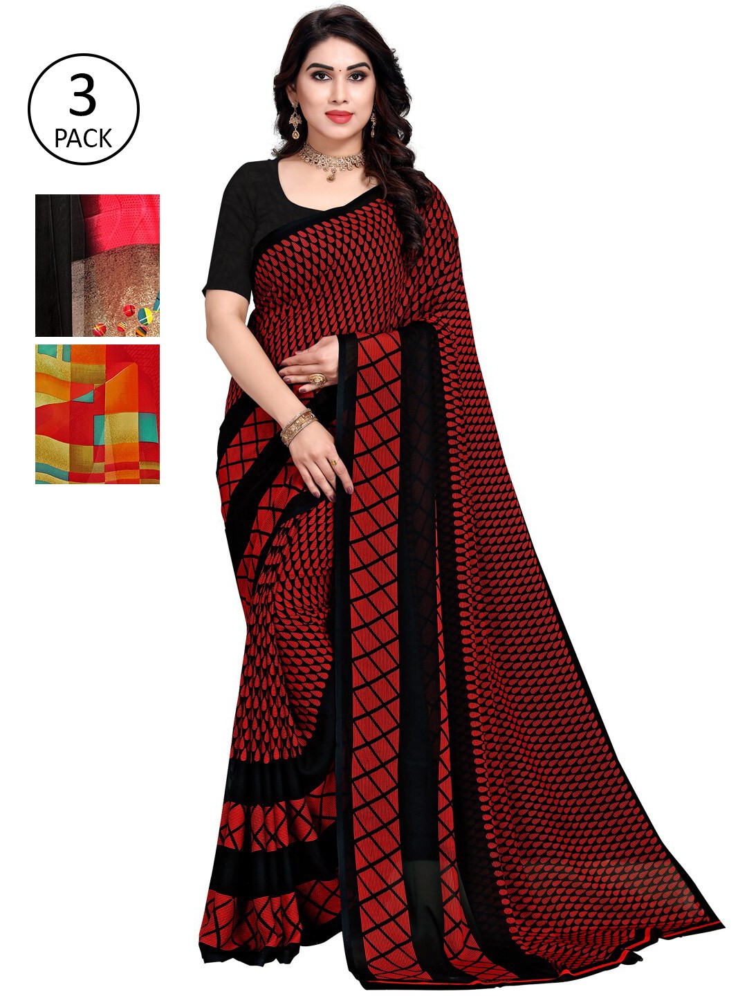 

KALINI Pack of 3 Pink & Red Printed Poly Georgette Sarees