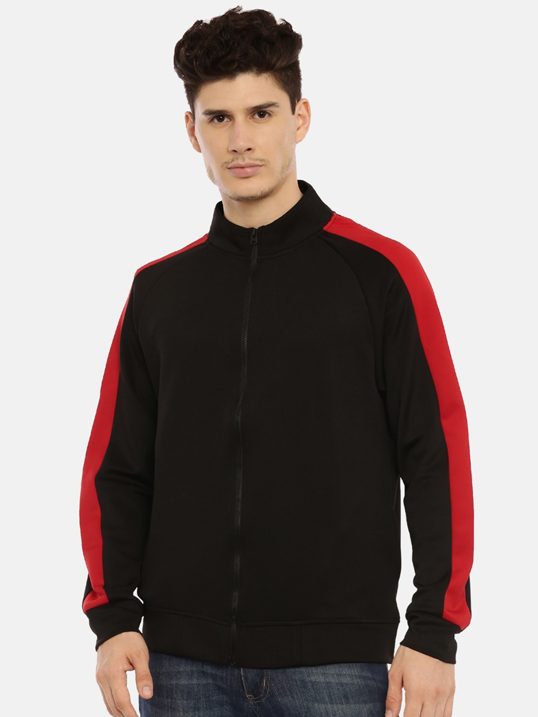 

MASH UNLIMITED Men Black & Red Striped Crop Scuba Jacket