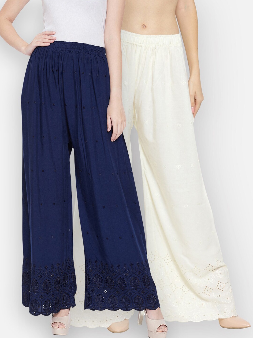 

Castle Women Pack Of 2 Off White & Navy Blue Floral Hem Design Flared Ethnic Palazzos
