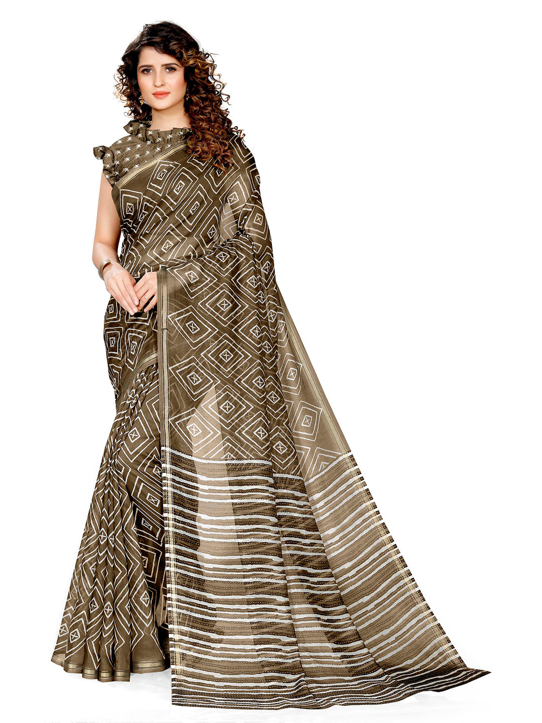 

KALINI Brown & White Cotton Saree