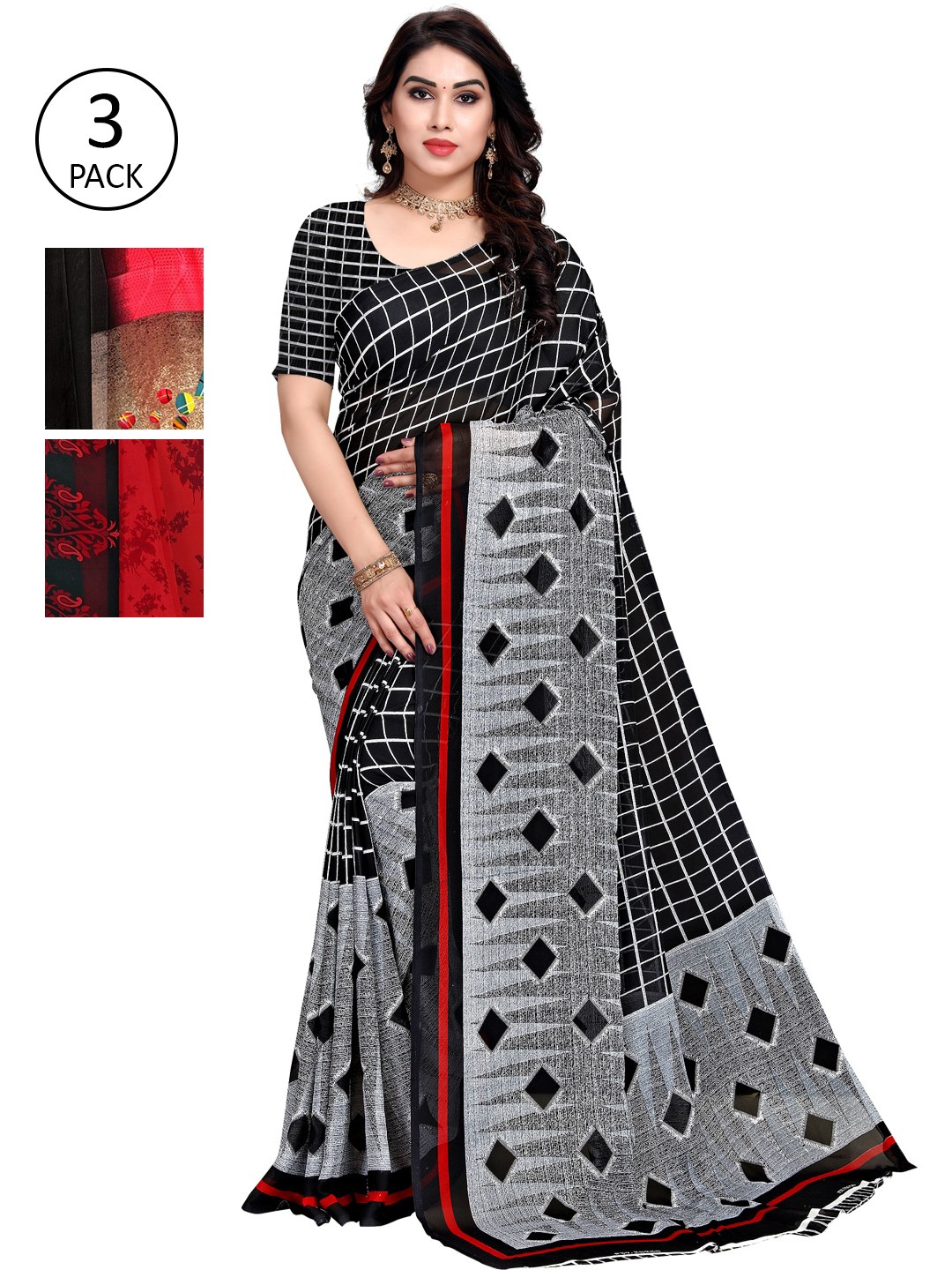 

KALINI Set of 3 Red & Black Floral Printed Saree
