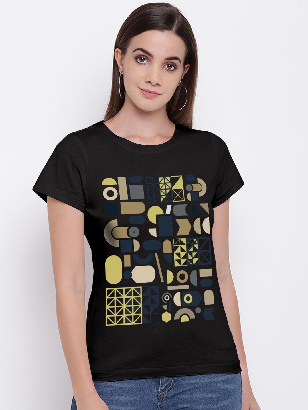 

THREADCURRY Women Black Geometric Printed T-shirt