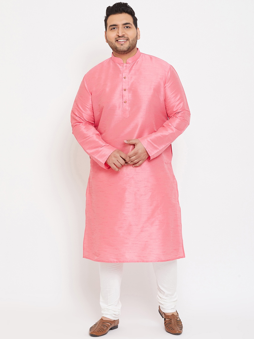 VASTRAMAY Men Pink & White Silk Blend Kurta With Churidar