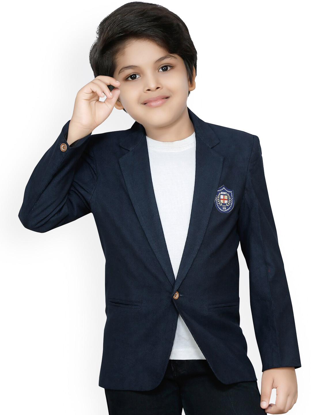 

RIKIDOOS Boys Navy Blue Solid Comfort-Fit Single-Breasted Cotton Blazer