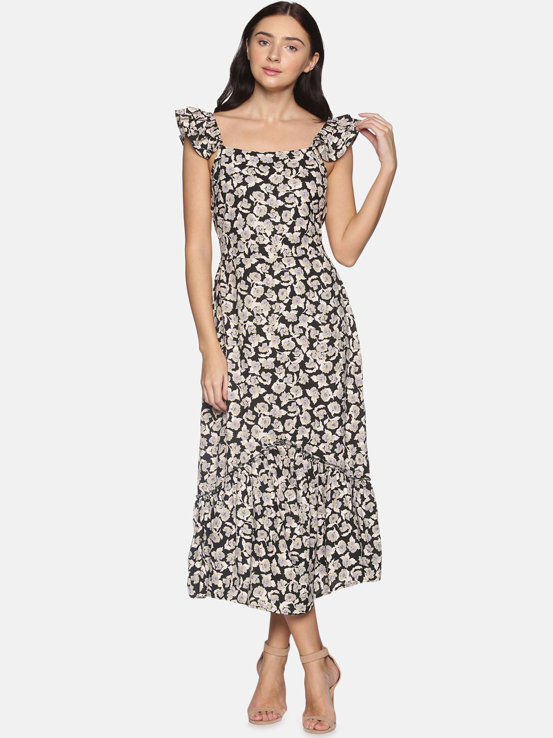 

ISU Black & Grey Floral Crepe Midi Dress