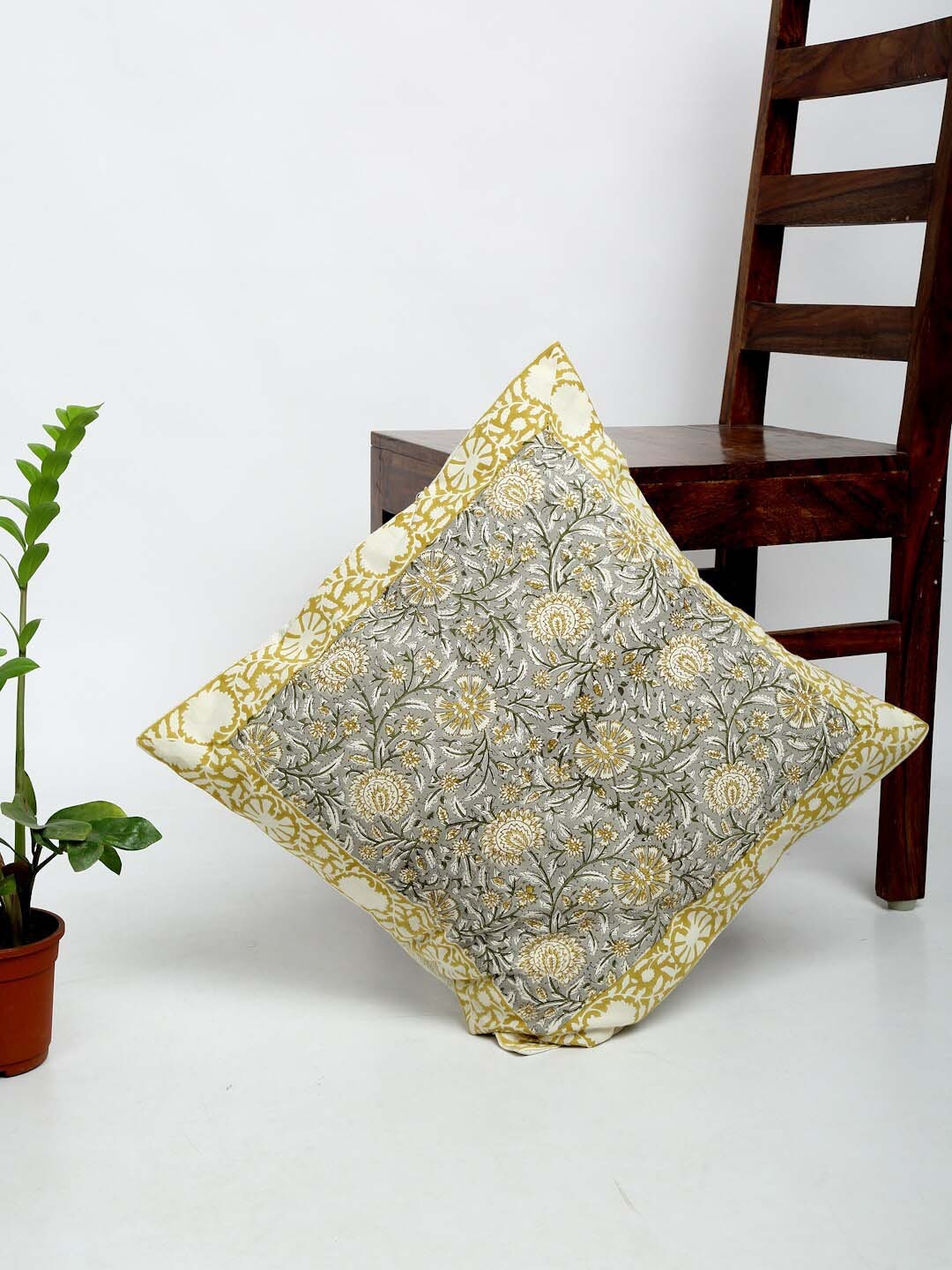 

Fabindia Grey & Yellow Floral Square Cushion Cover