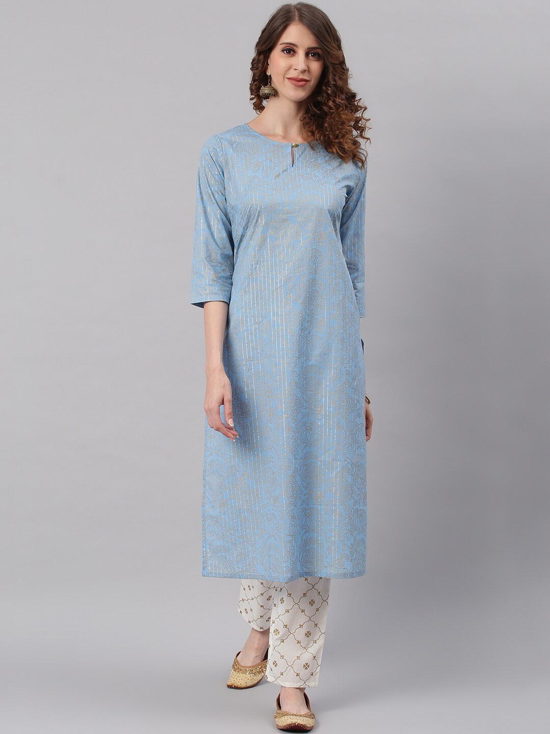 

Janasya Women Blue Ethnic Motifs Printed Pure Cotton Kurta with Trousers