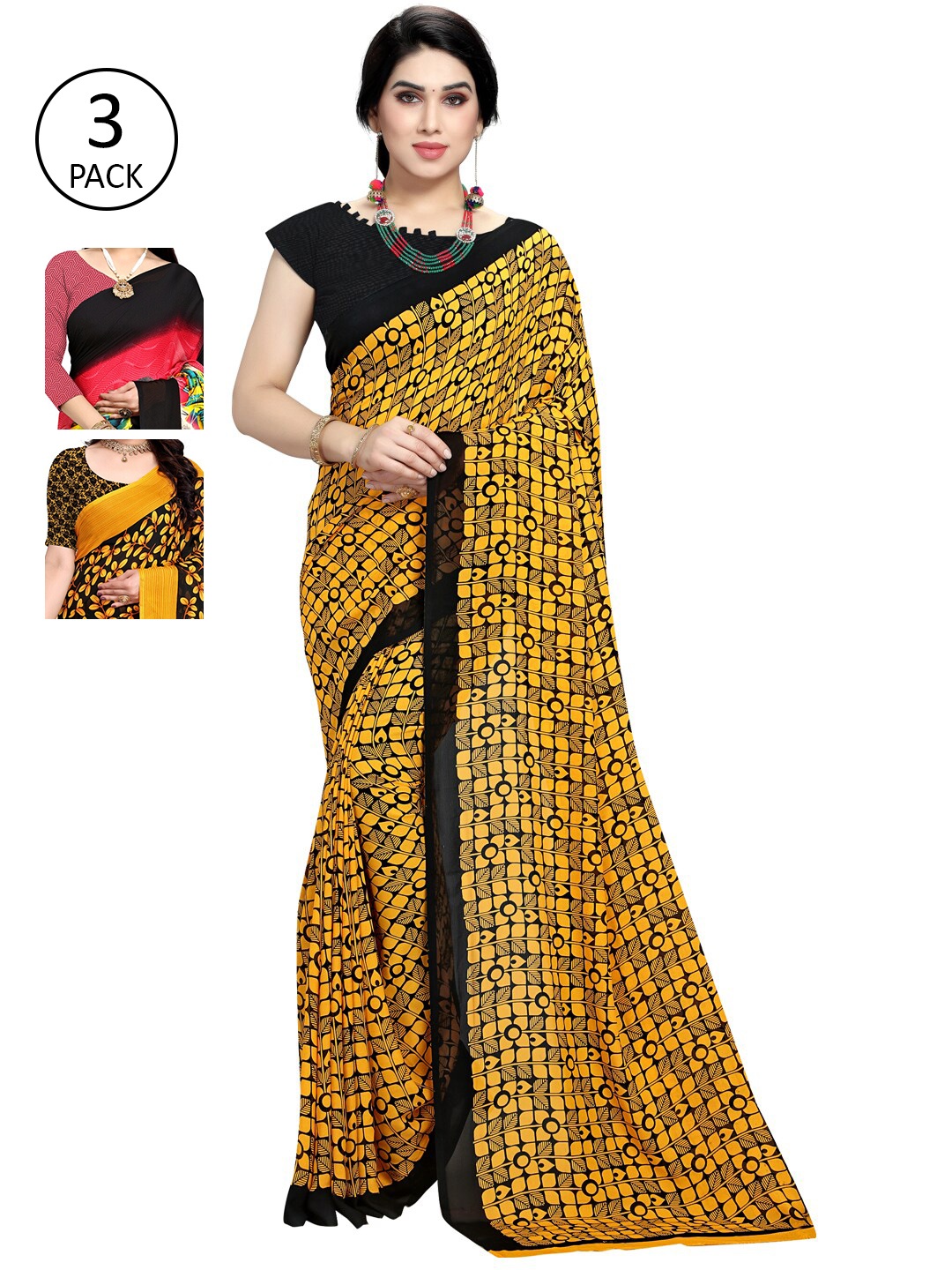 

KALINI Pack Of 3 Printed Sarees, Pink