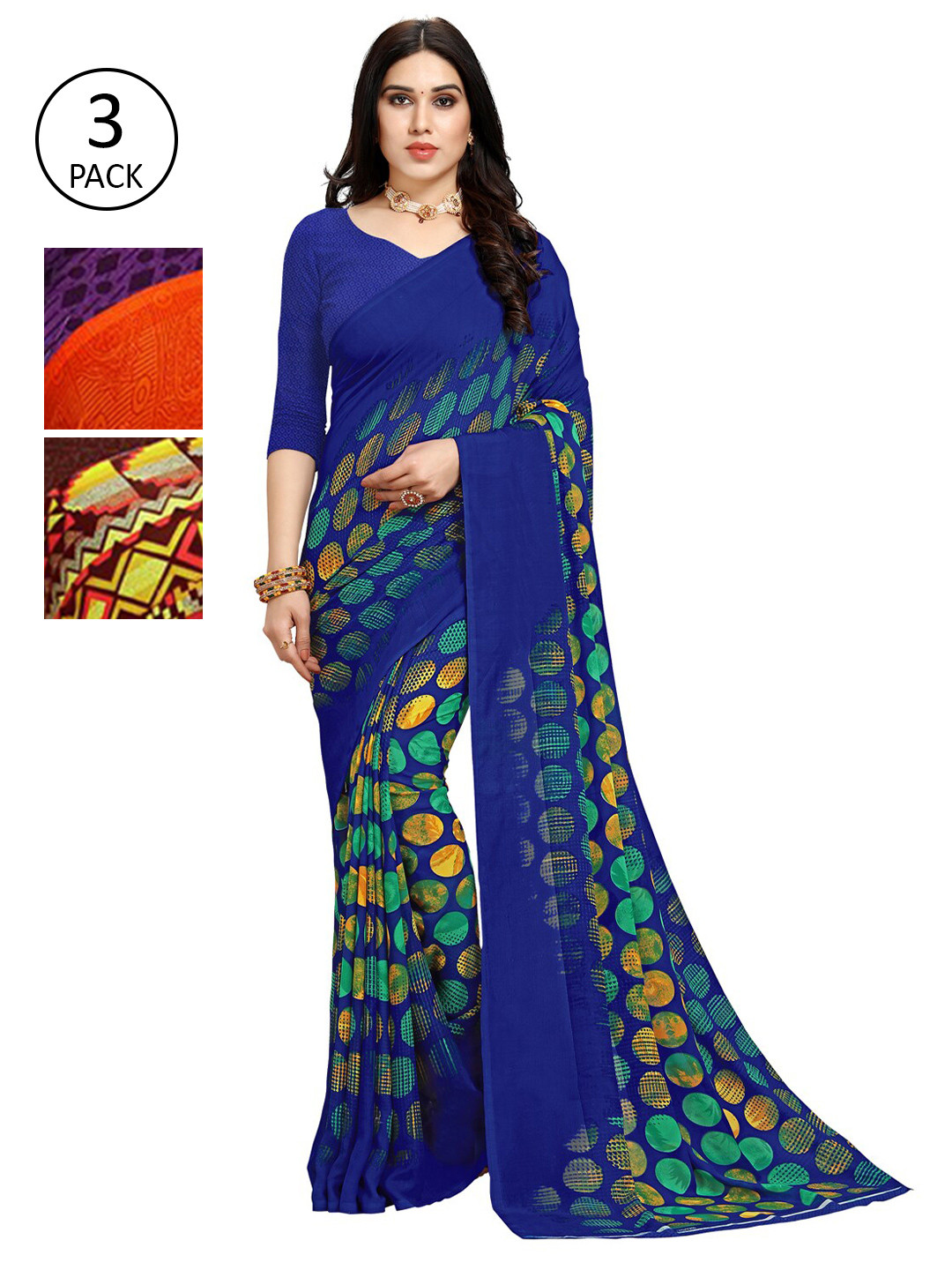 

KALINI Women Multi Colored Set of 3 Printed Poly Georgette Sarees