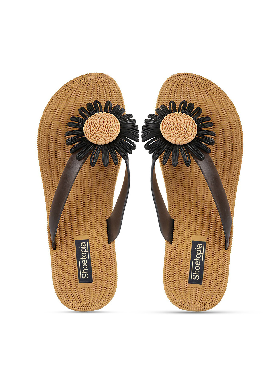 

Shoetopia Women Black & Beige Embellished Rubber Thong Flip-Flops