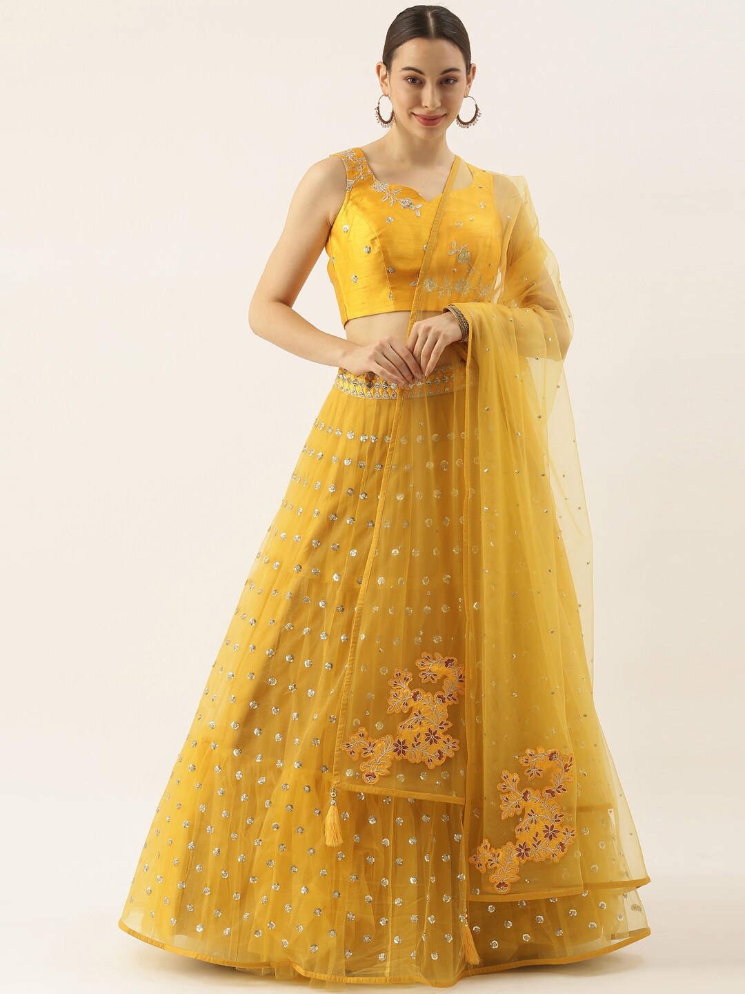 

panchhi Yellow Embroidered Ready-to-wear Lehenga & Unstitched Blouse With Dupatta