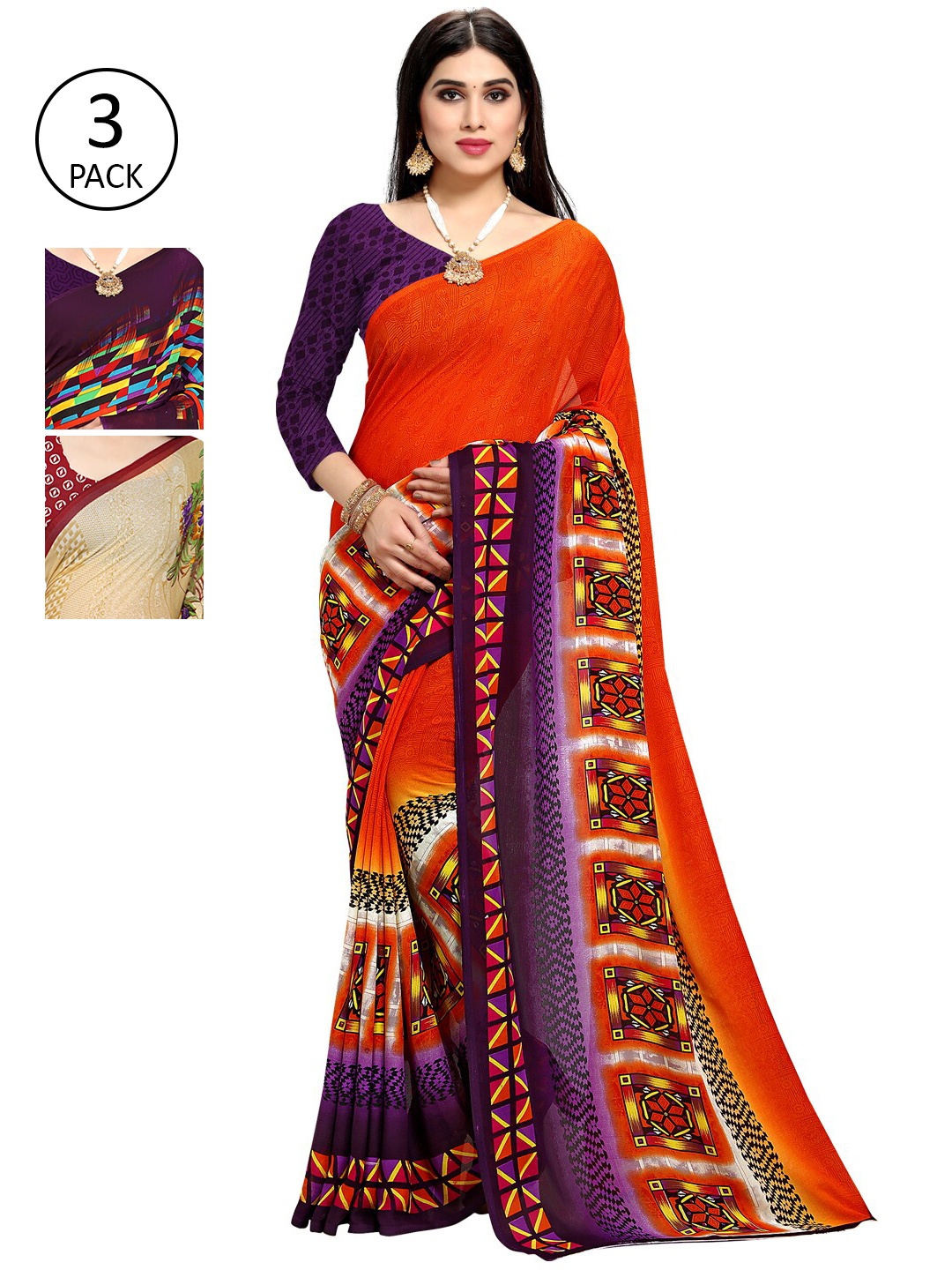 

KALINI Pack Of 3 Printed Sarees, Purple