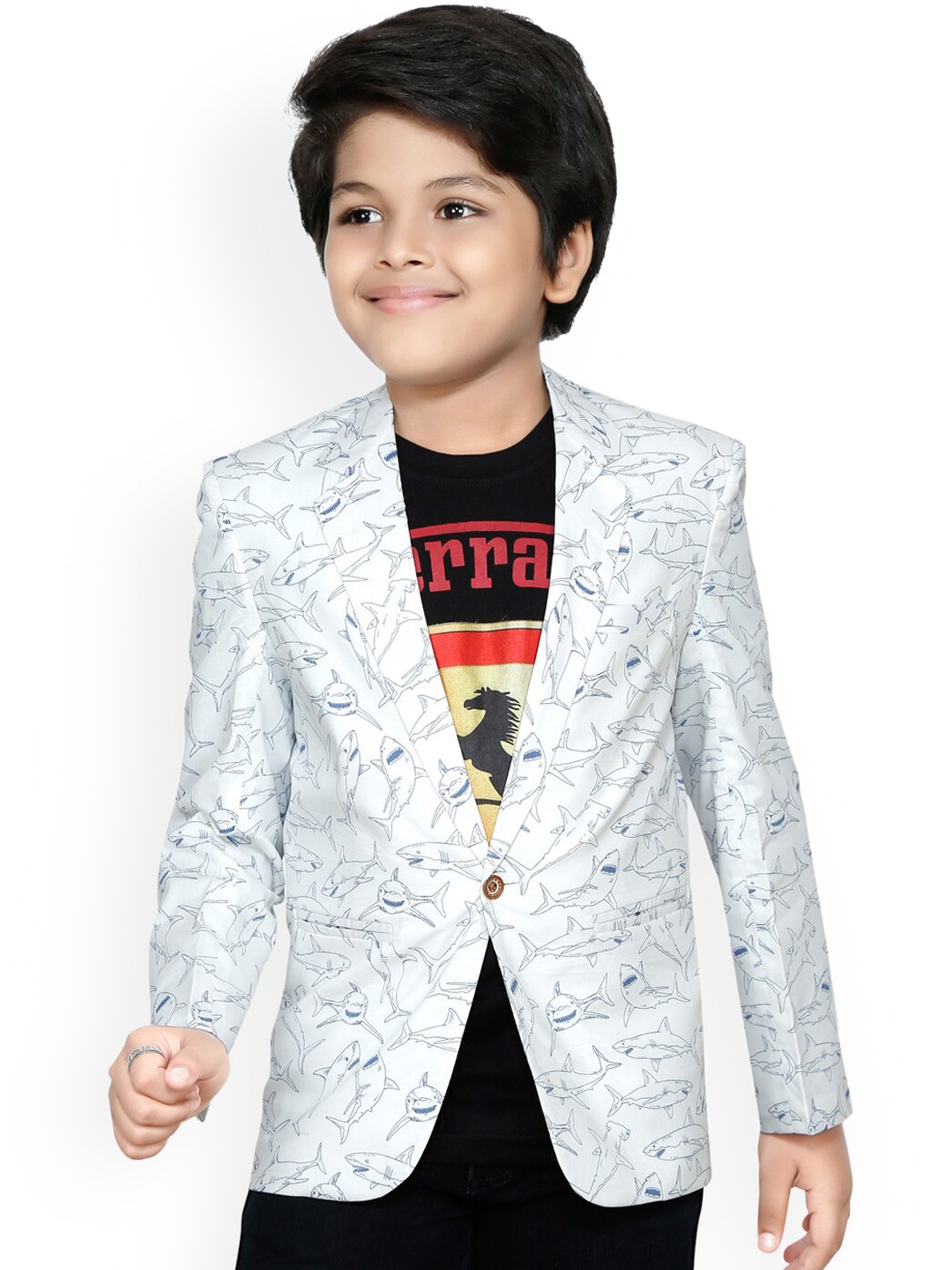 

RIKIDOOS Boys White & Blue Printed Comfort-Fit Single-Breasted Casual Blazer