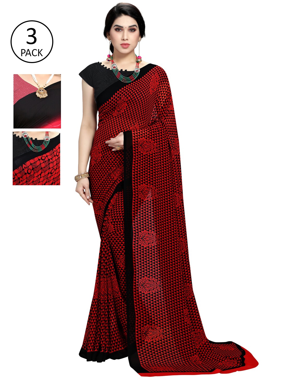 

KALINI Pack Of 3 Printed Saree, Red