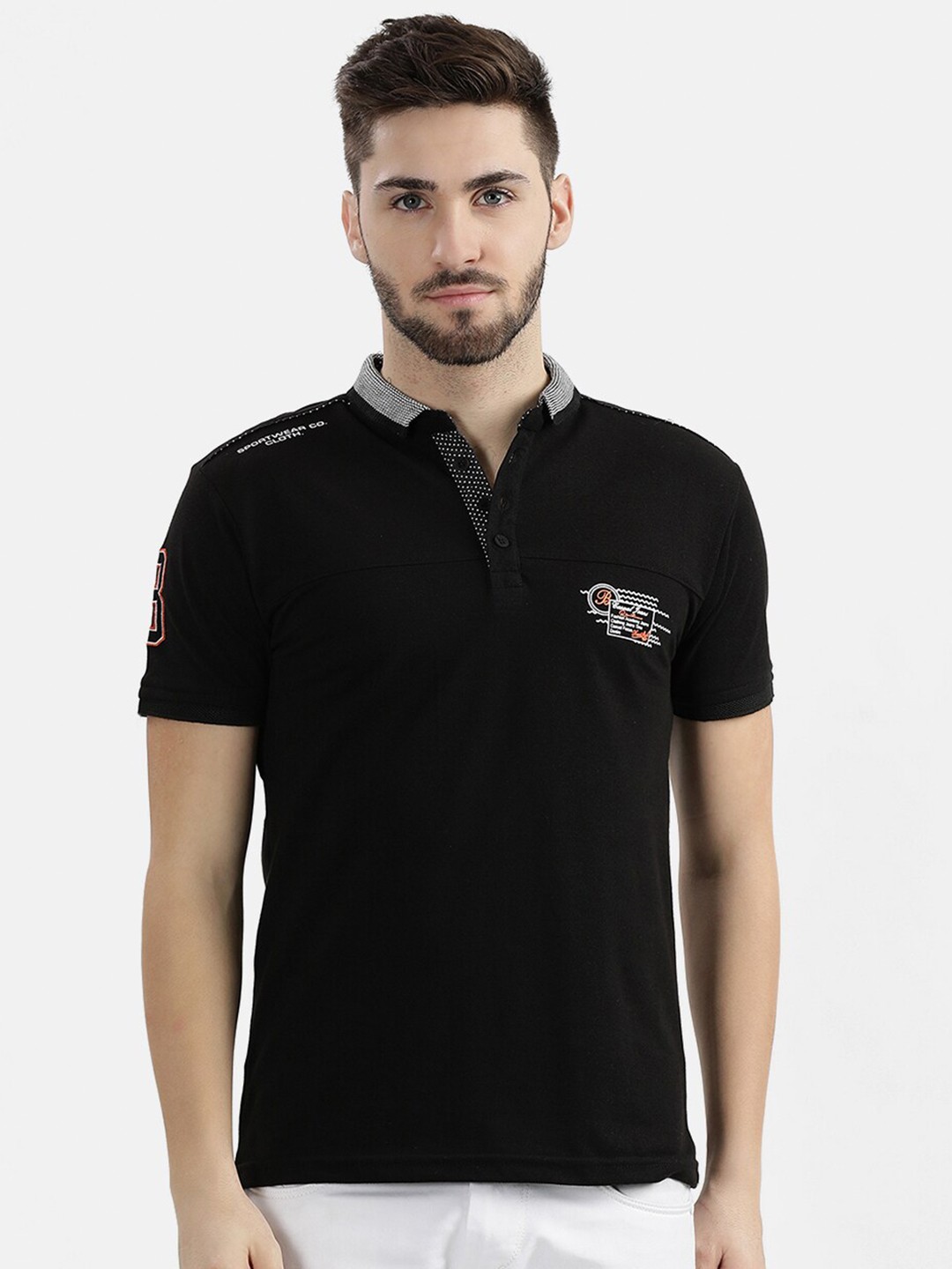 

V2 Value & Variety Men Black Solid Contrast Polo Collar Cotton T-shirt