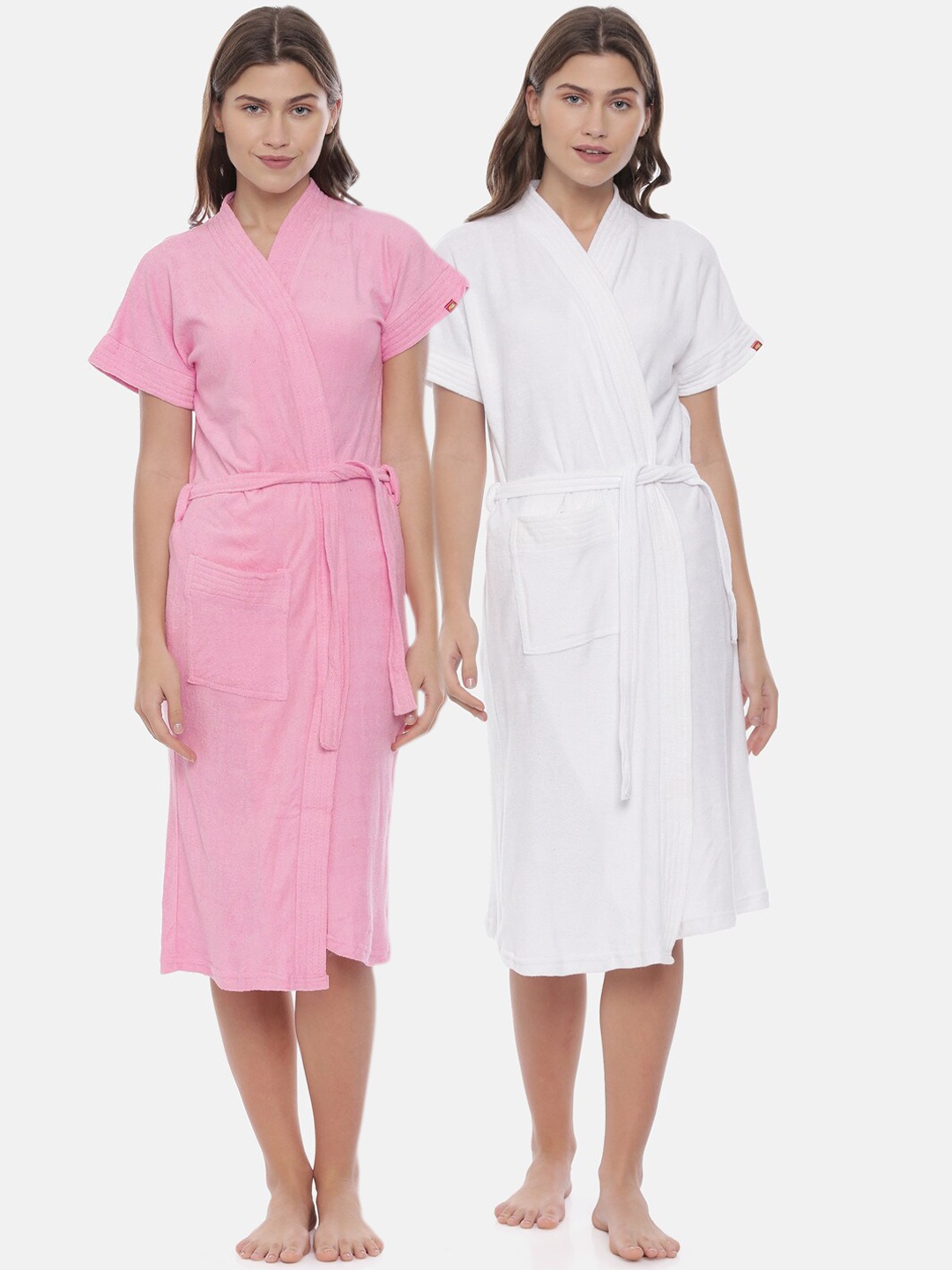 

GOLDSTROMS Women Pack Of 2 Pink & White Solid Cotton Bath Robes