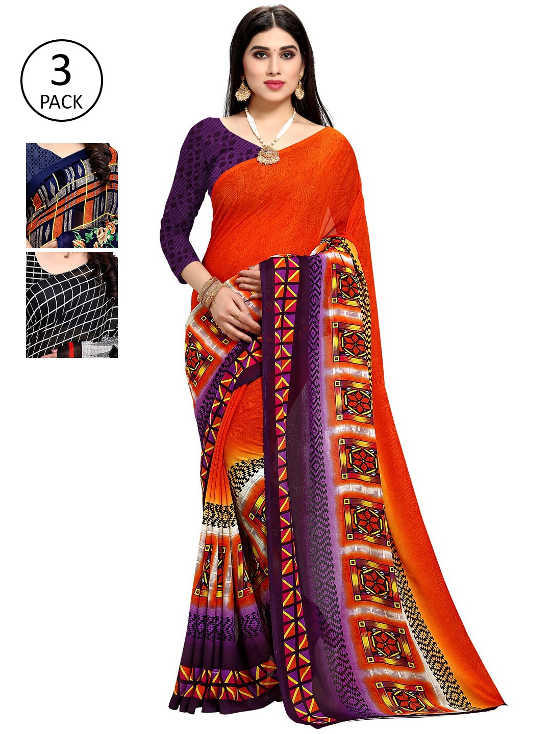 

KALINI Pack Of 3 Multicoloured Printed Sarees, Orange
