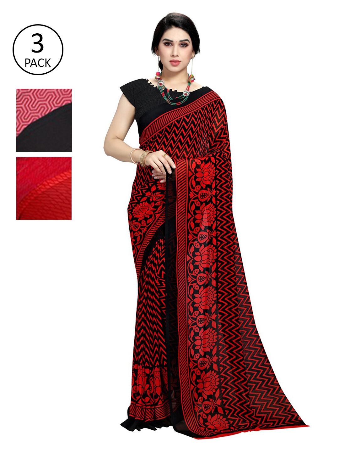 

KALINI Pack Of 3 Printed Saree, Red