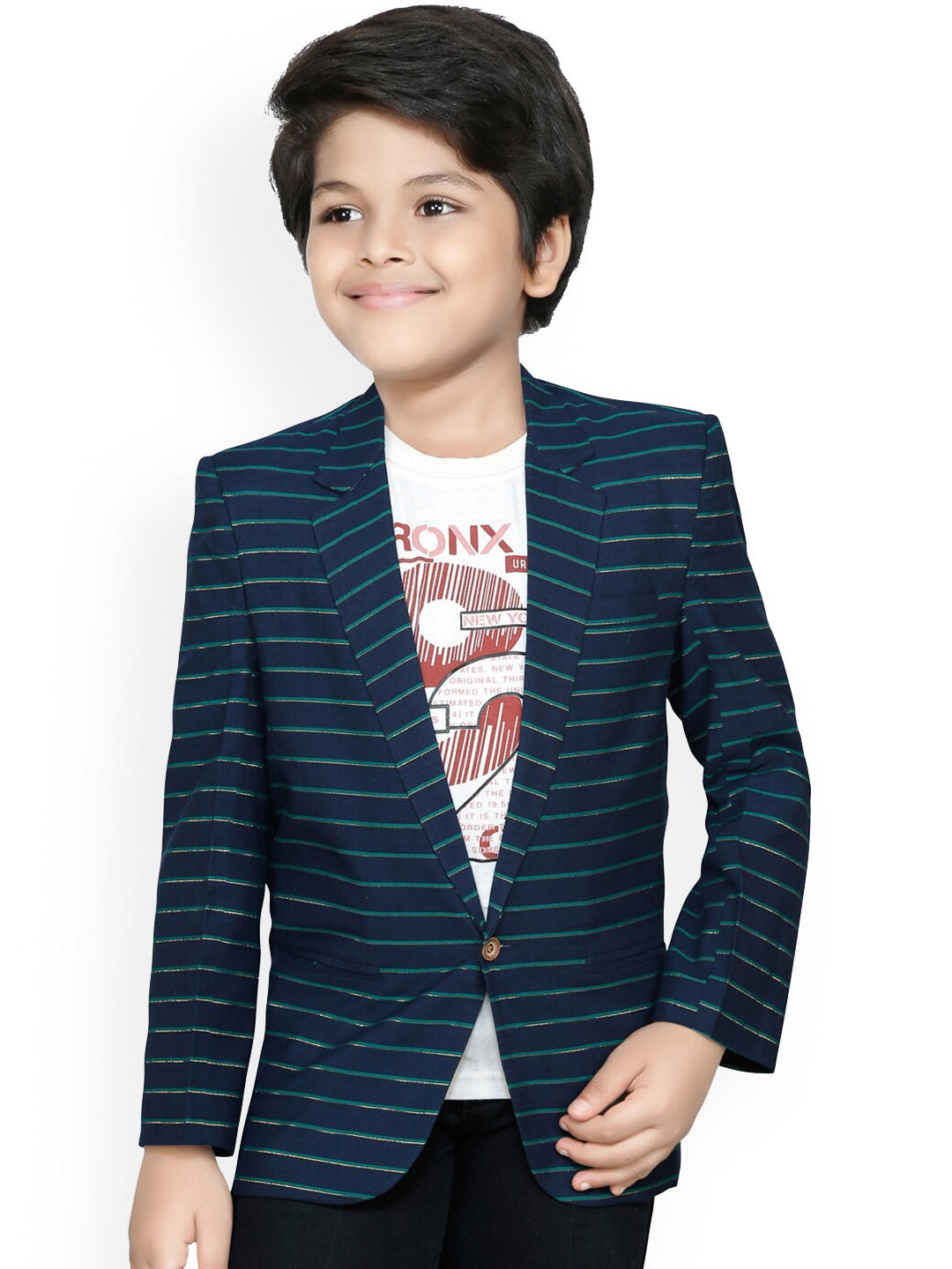

RIKIDOOS Boys Navy Blue & Green Striped Comfort-Fit Single-Breasted Casual Blazer