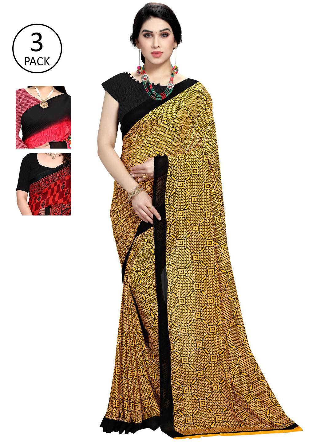 

KALINI Pack Of 3 Multicoloured Printed Sarees, Red