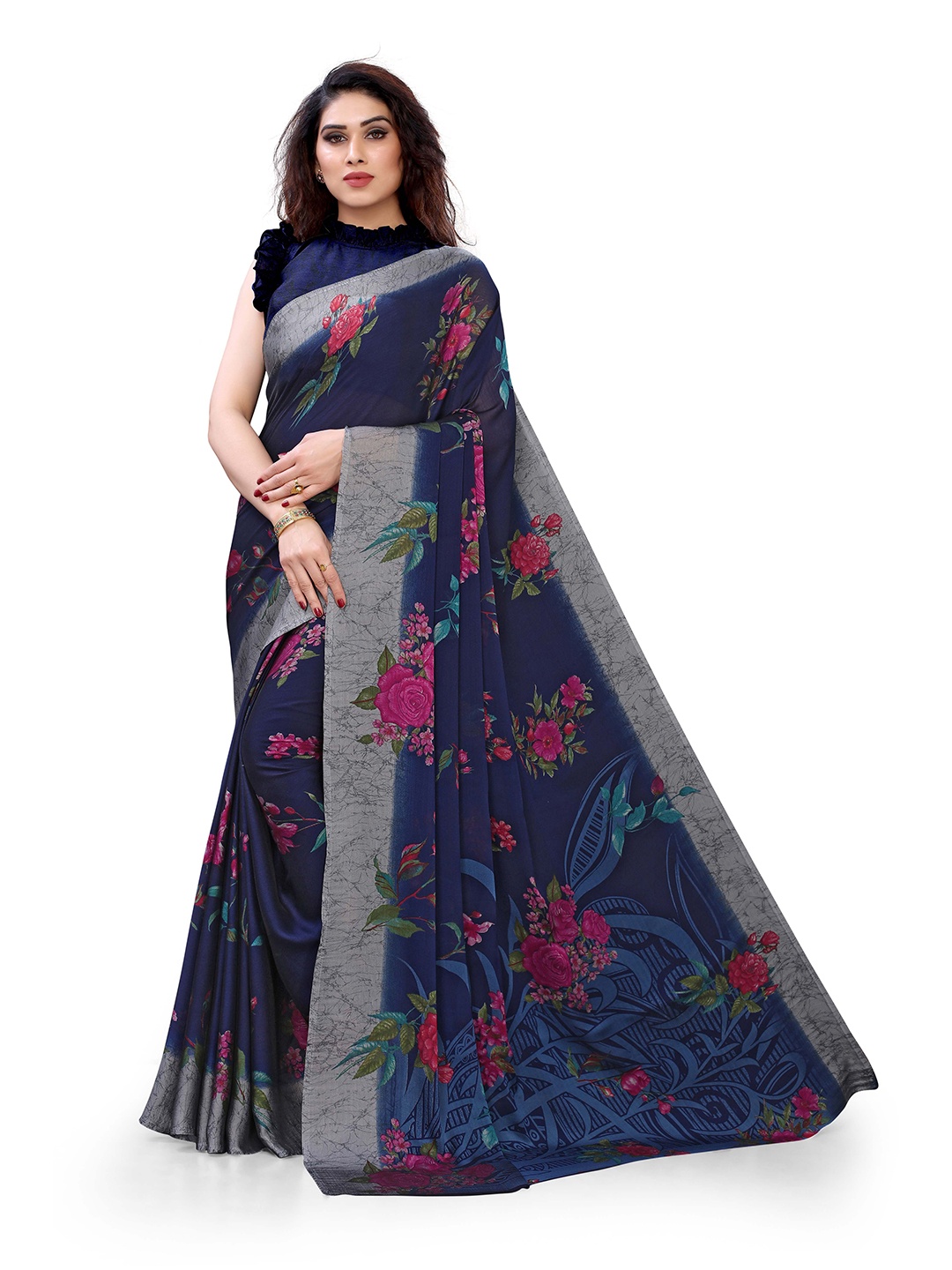 KALINI Navy Blue & Pink Floral Bagh Saree