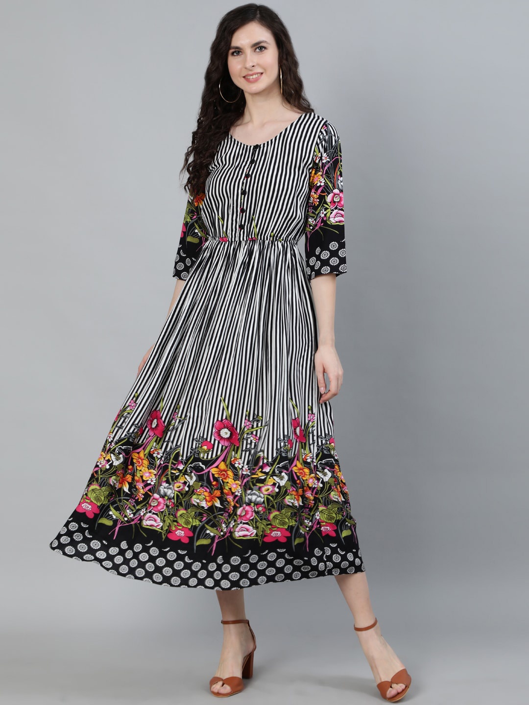 

Ishin Women Black Floral Printed A-Line Midi Dress