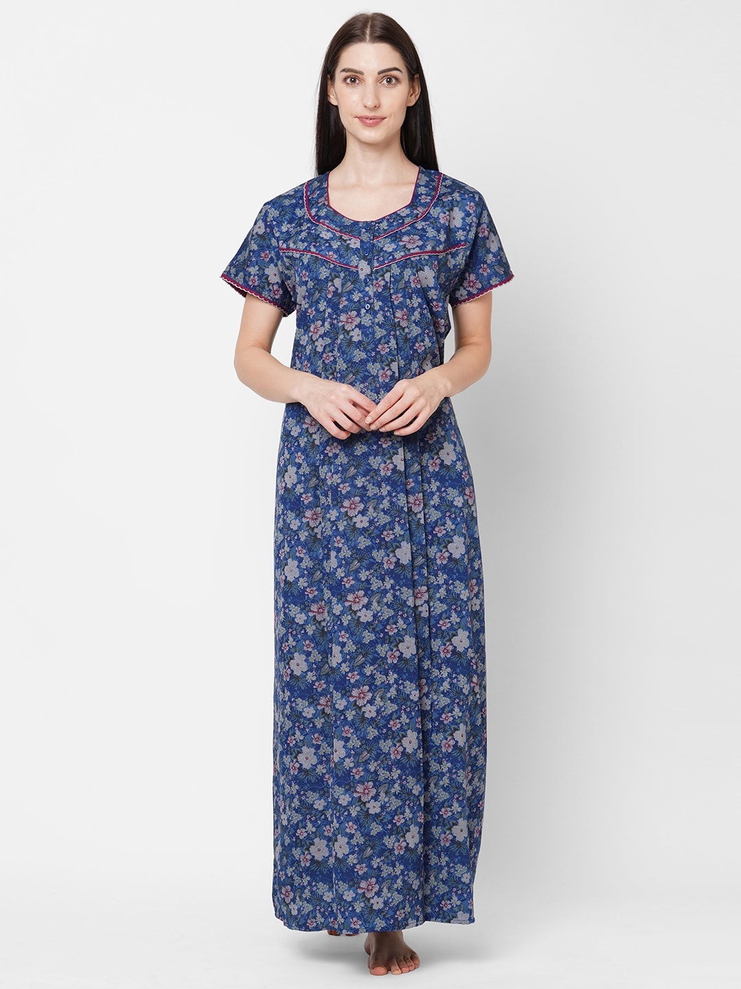 

Sweet Dreams Women Blue Printed Cotton Maxi Nightdress