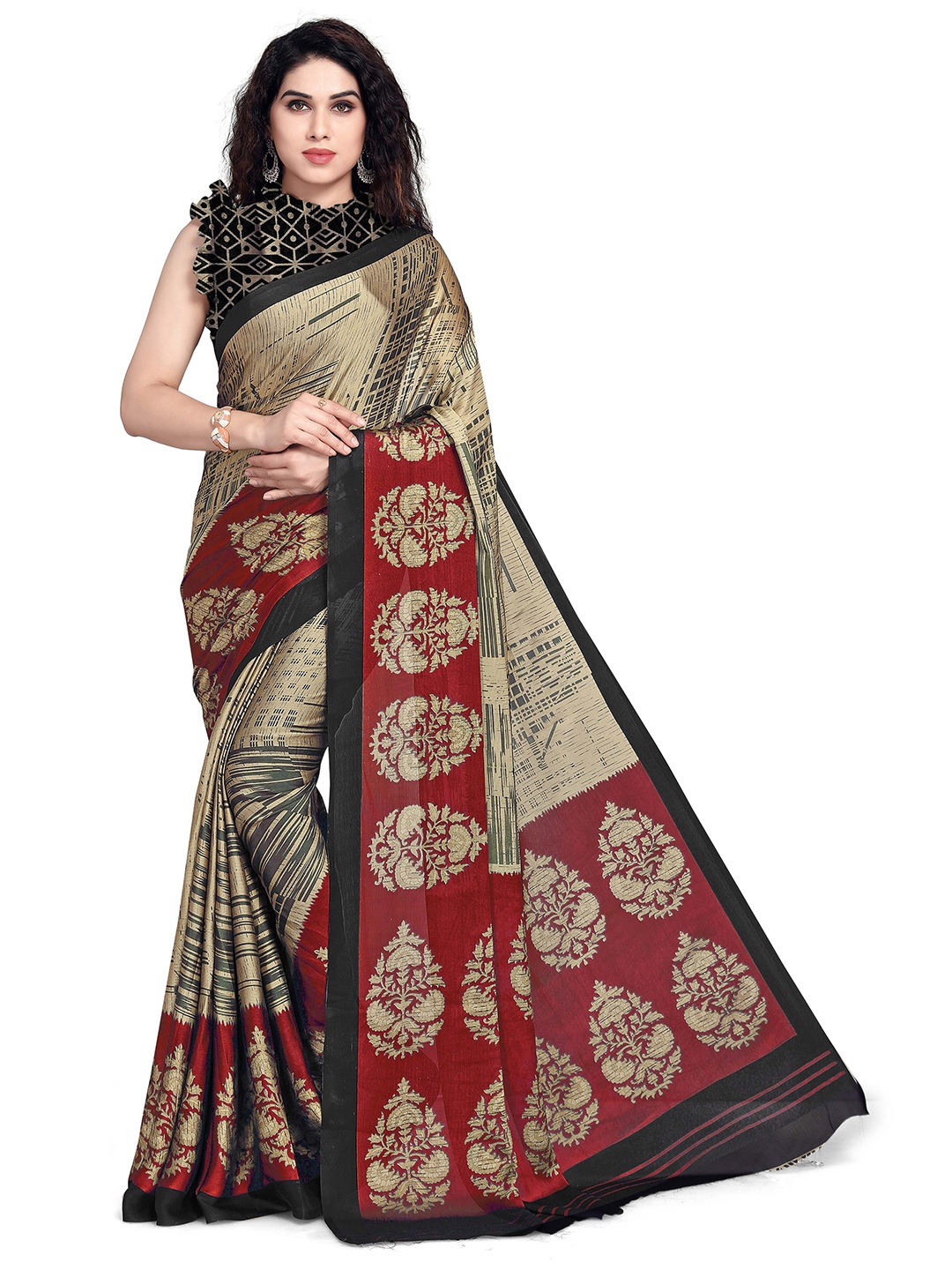 

KALINI Women Cream & Red Chiffon Abstract Printed Saree