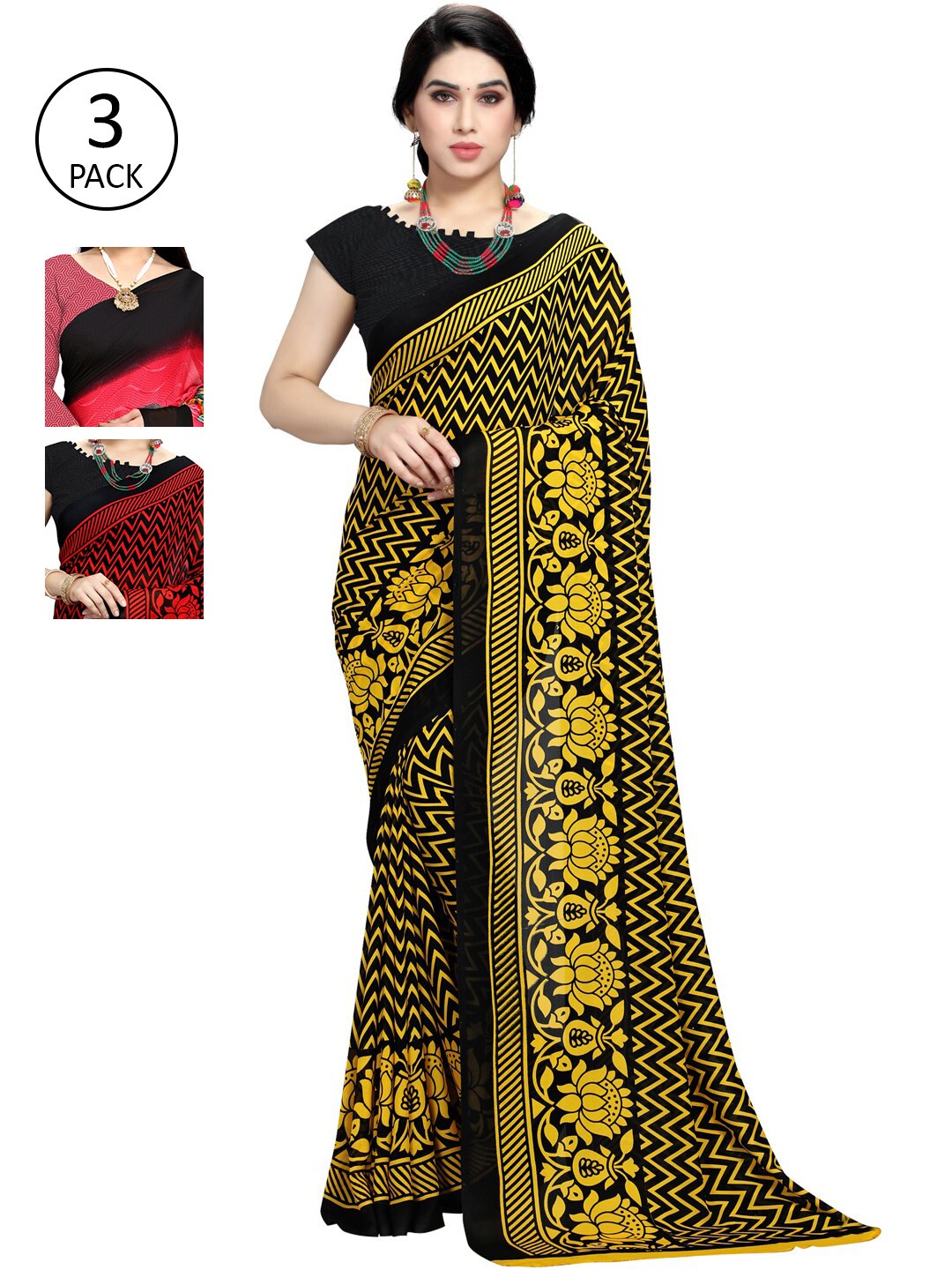 

KALINI Pack Of 3 Printed Sarees, Yellow