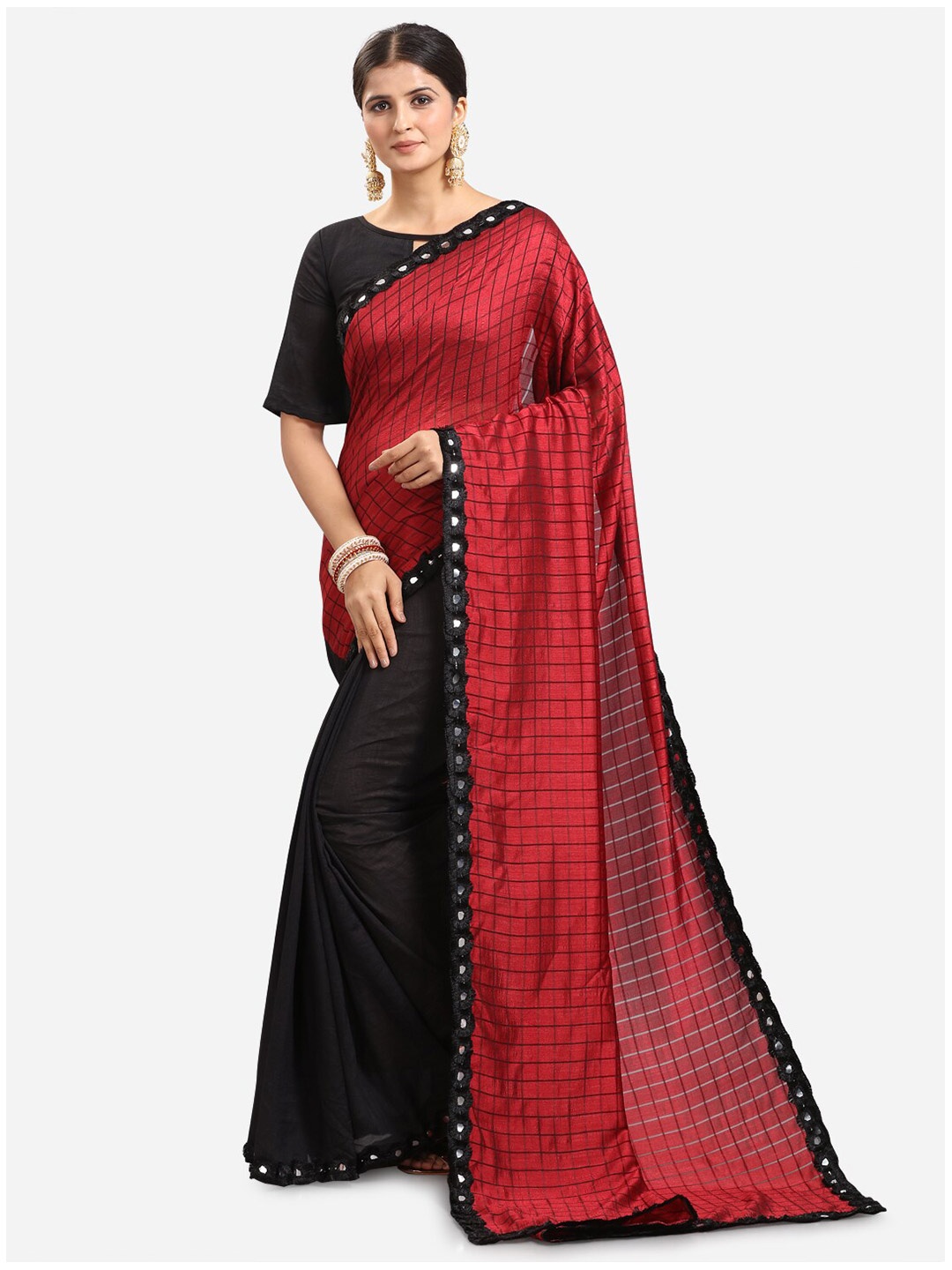 

KALINI Maroon & Black Checked Mirror Work Silk Blend Half and Half Mysore Silk Saree