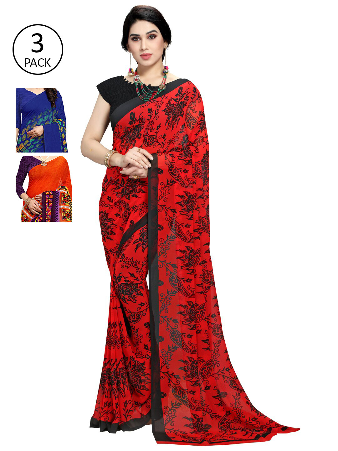

KALINI Set of 3 Red, Orange & Blue Printed Sarees