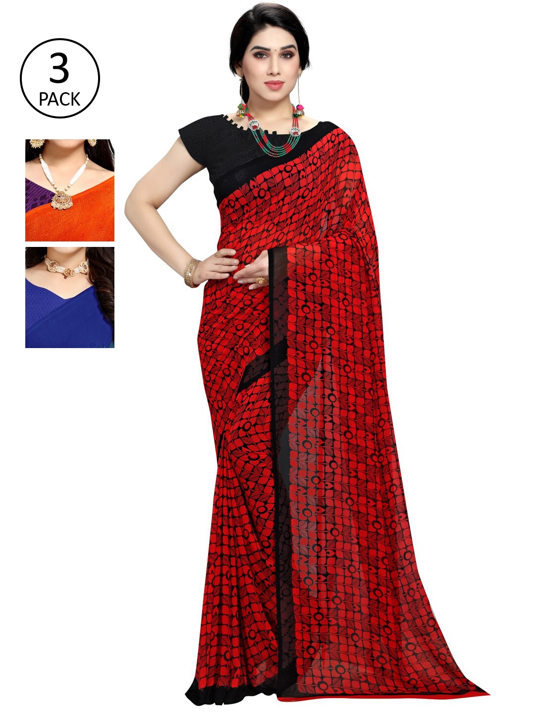 

KALINI Multicolor Georgette Printed Daily Wear Saree With Unstitched Blouse(Pack of 3), Red