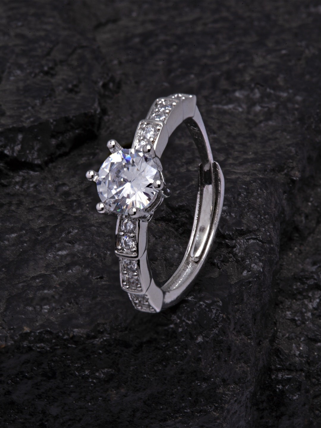 

Ferosh Silver-Toned & White Rhinestone-Studded Adjustable Finger Ring