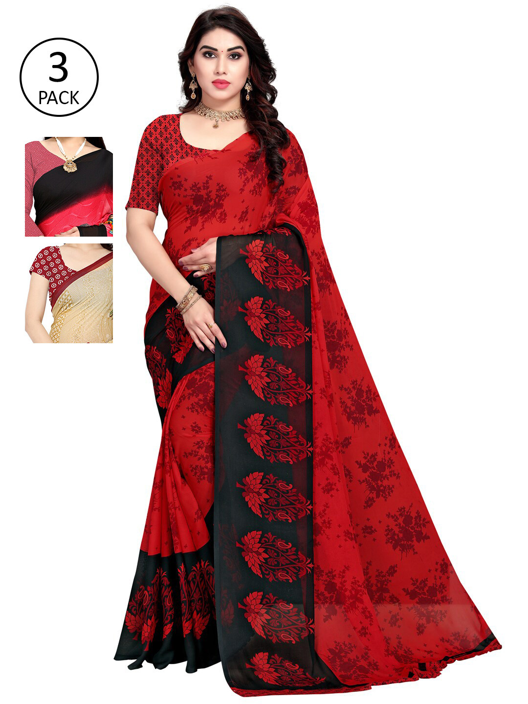 

KALINI Pack of 3 Black & Pink Printed Poly Georgette Sarees
