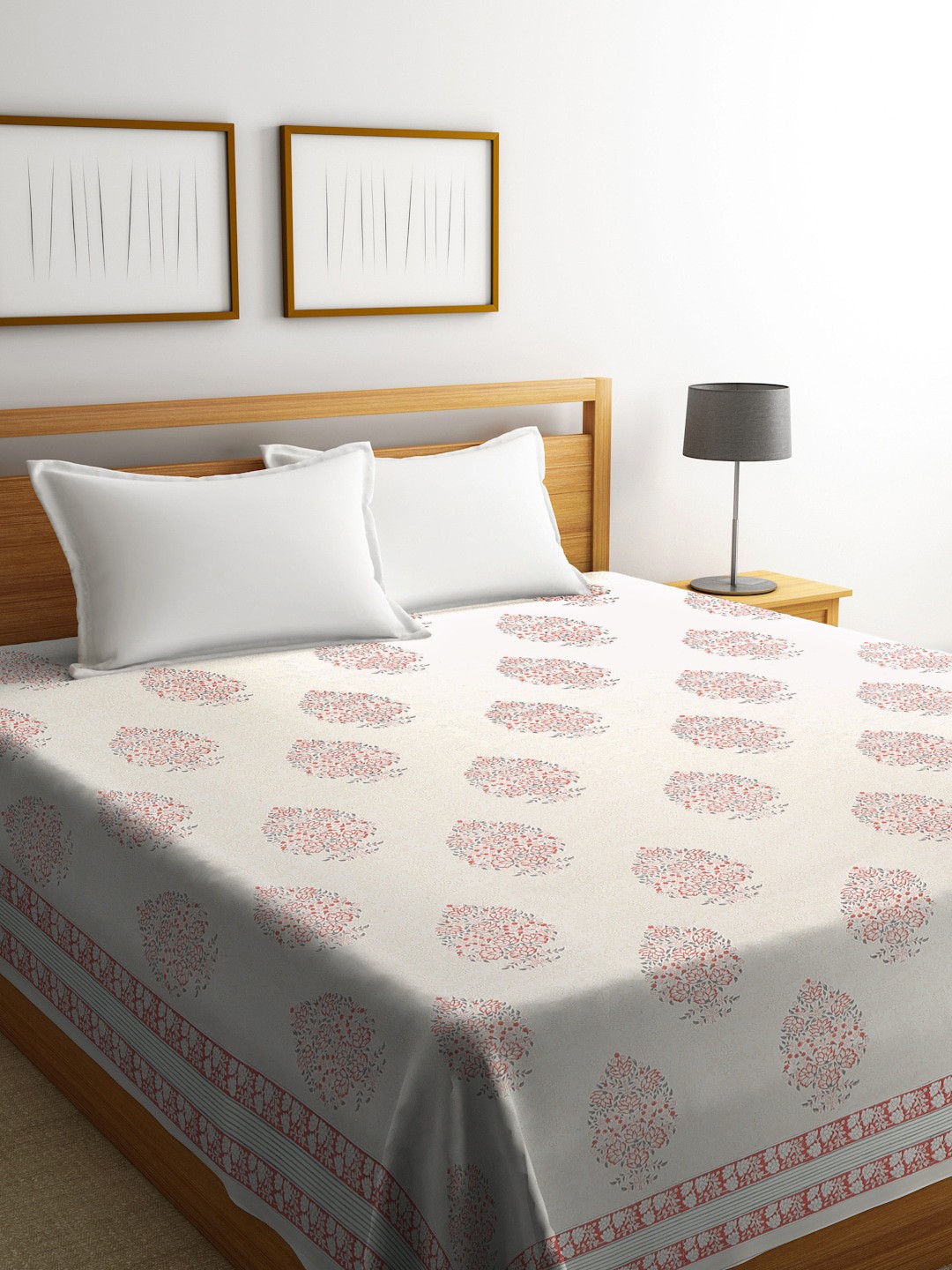 

Fabindia Off-White & Red Cotton 116 GSM Printed Bed Cover