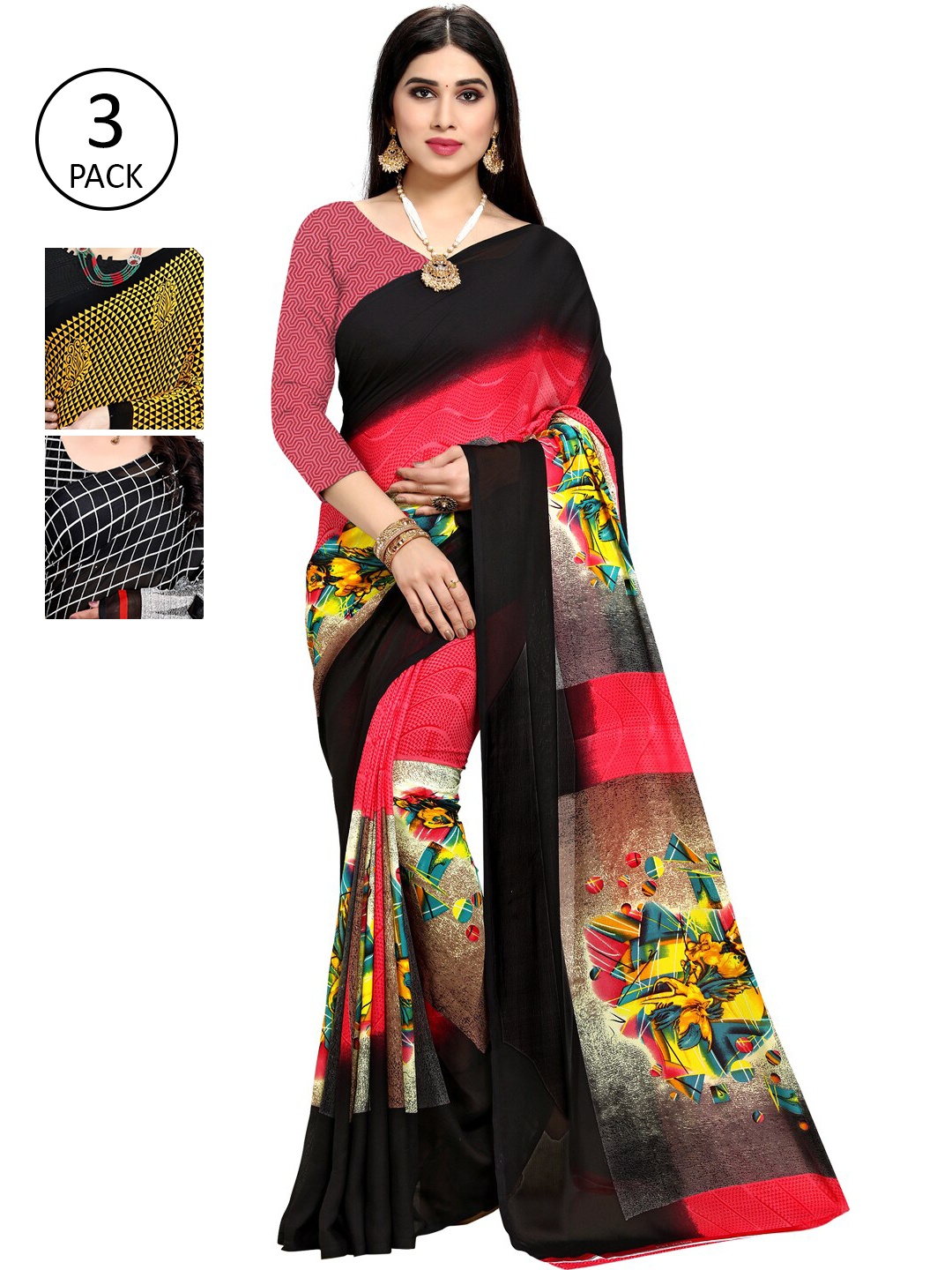 

ANAND SAREES Pack Of 3 Multicoloured Printed Sarees, Pink