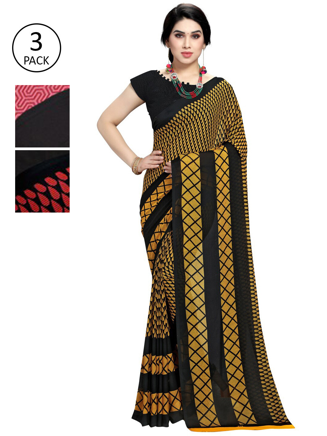 

KALINI Pack Of 3 Multicoloured Printed Sarees, Yellow