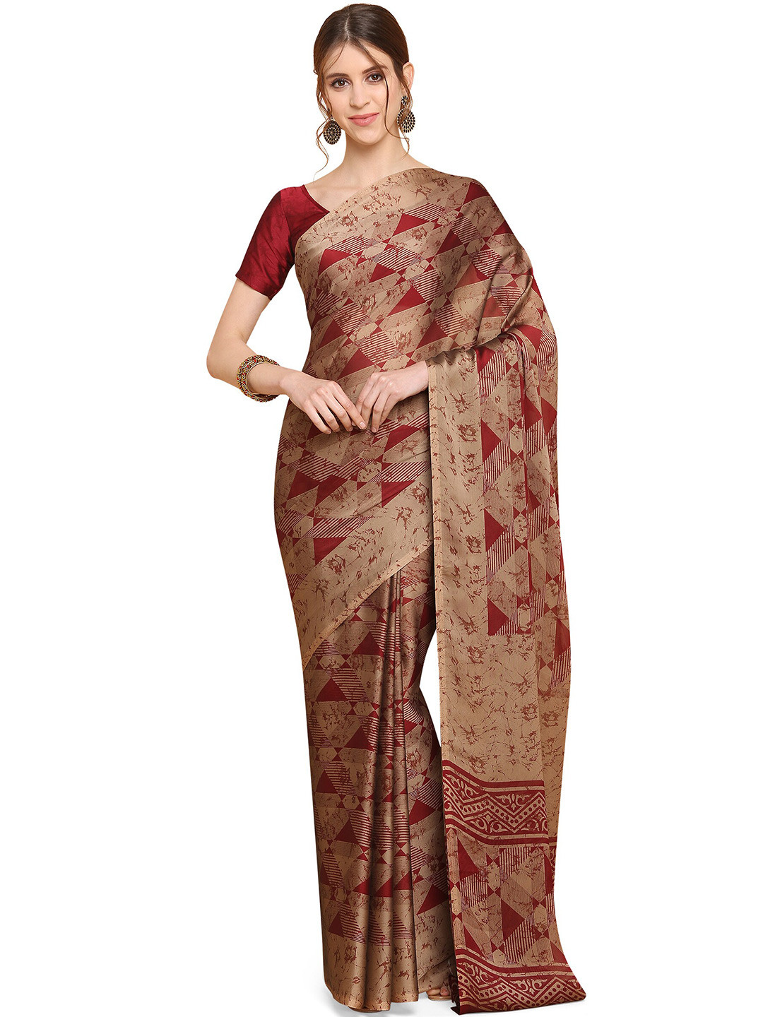 

KALINI Beige & Maroon Printed Silk Blend Fusion Block Print Saree