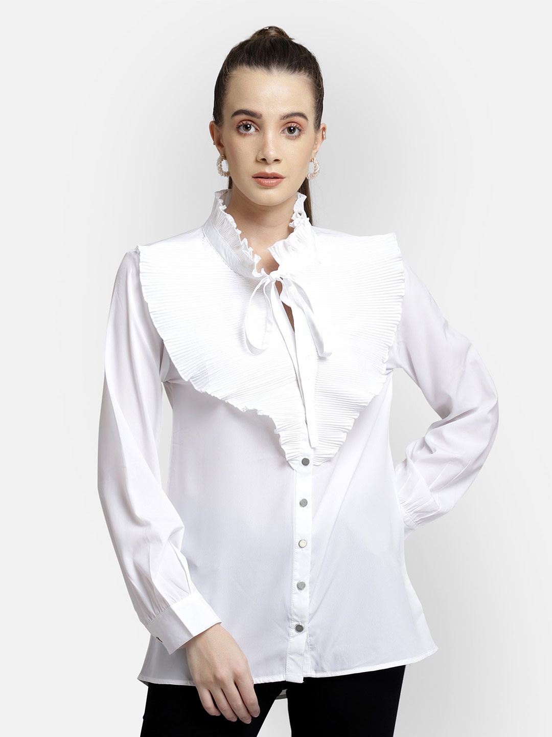 

Yaadleen Women White Solid Victorian Crepe Shirt Style Top
