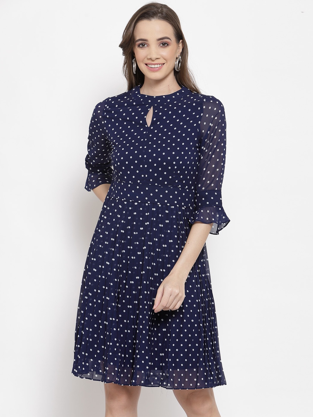 

Jade Garden Women Blue Polka Dots Printed Keyhole Neck Georgette Fit & Flare Sustainable Dress