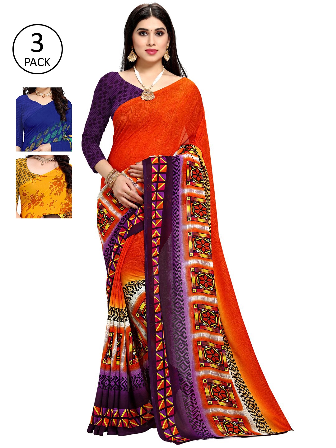 

KALINI Women Pack of 3 Multicolor Poly Georgette Printed Saree, Orange