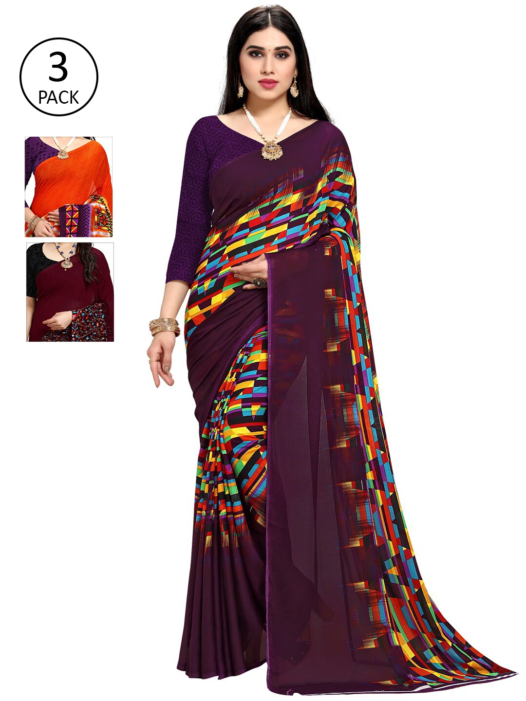 

KALINI Women Multi Colored Set of 3 Printed Poly Georgette Sarees